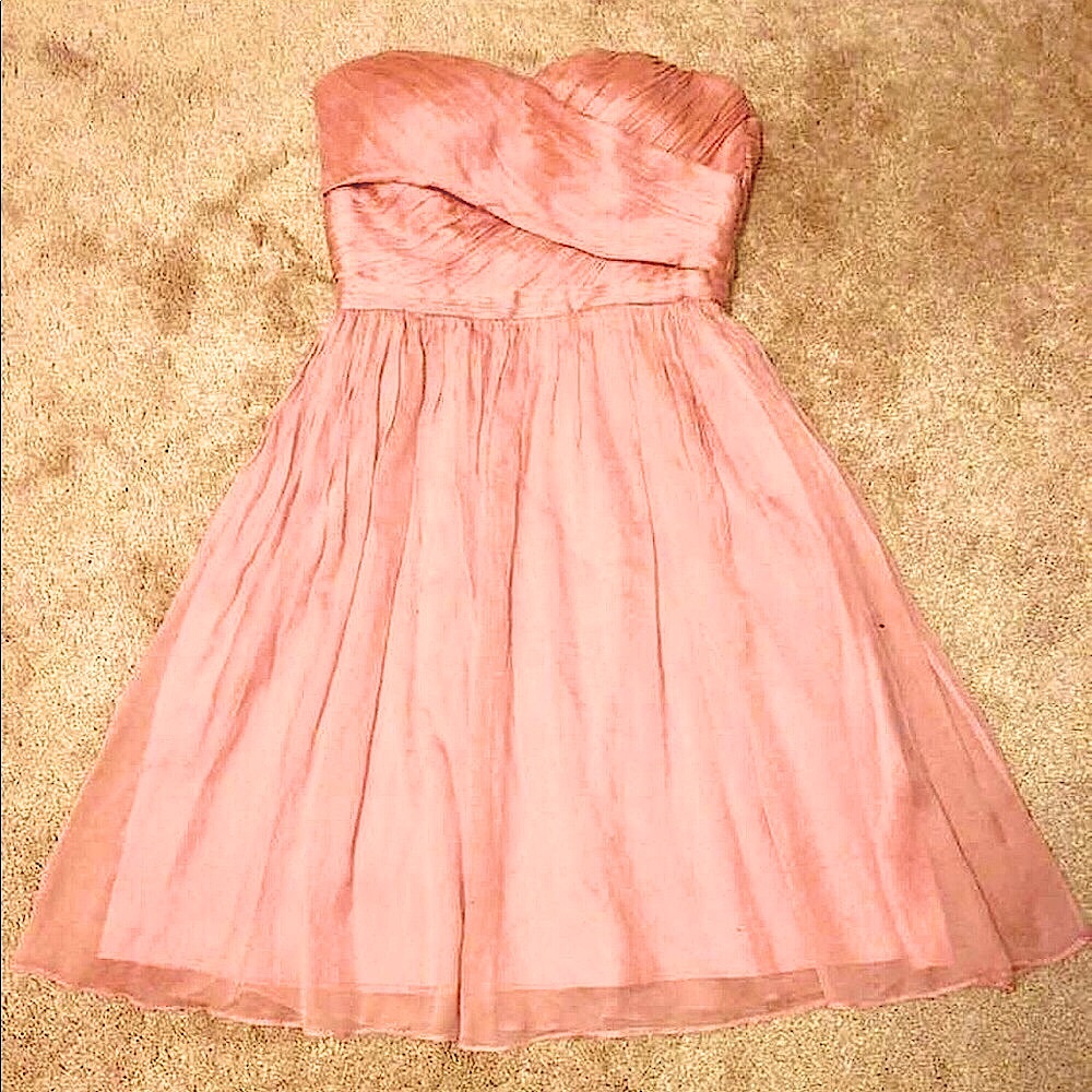 💗 Altered J. Crew Arabelle Strapless Coral Pink Silk Chiffon Dress | 2/4